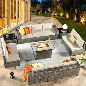 POUUIN 13 Piece Modular Patio Outdoor Sectional Furniture Set with Gas Propane Fire Pit Table, Wicker Conversation Sofa Set, Out Door Couch Set with Wide Arm Outside