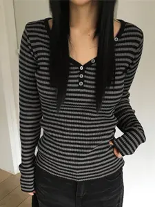 Women's Preppy Striped Colorblock Button-Front Slim Fit Long Sleeve Knit Top, Casual Streetwear Top, Casual Street Style Fall & Spring Fashion Knitwear