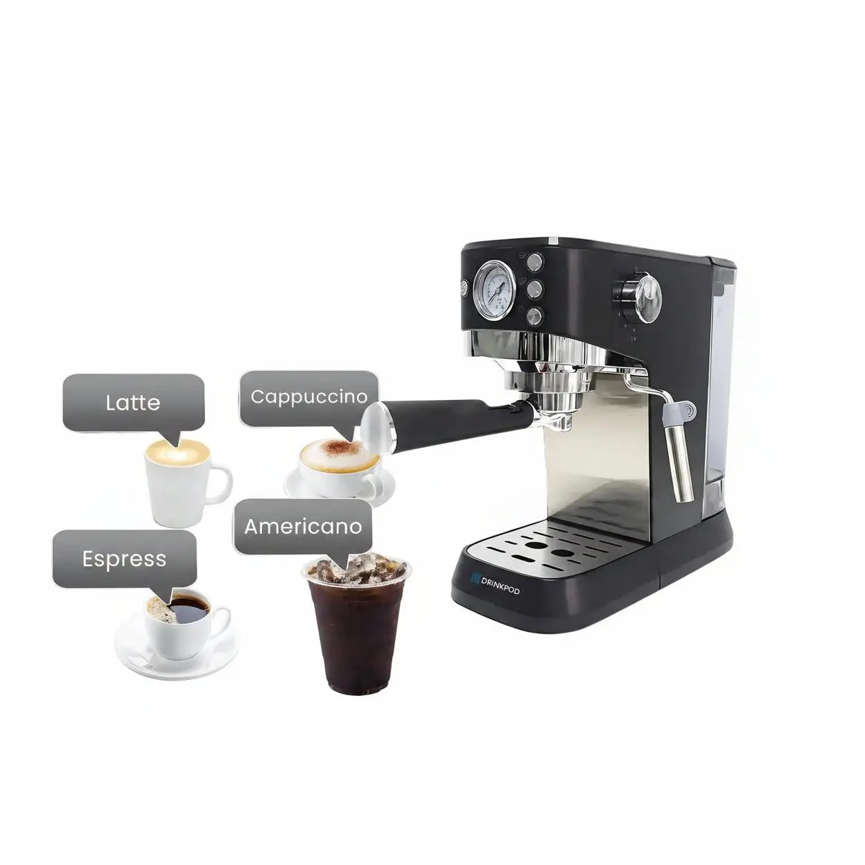DRINKPOD Coffee Machine, Espresso, Americano, Latte, Cappuccino Maker Combo with Milk Frother Steam Wand, Stainless Steel Cup Plate, and 1.5L Removable Water Tank