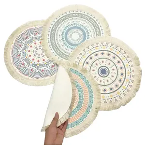 Cotton Linen Woven Round Tassel Table Mat, Nordic Style Heat-Insulating Anti-Scald Placemat for Home Kitchen Tableware