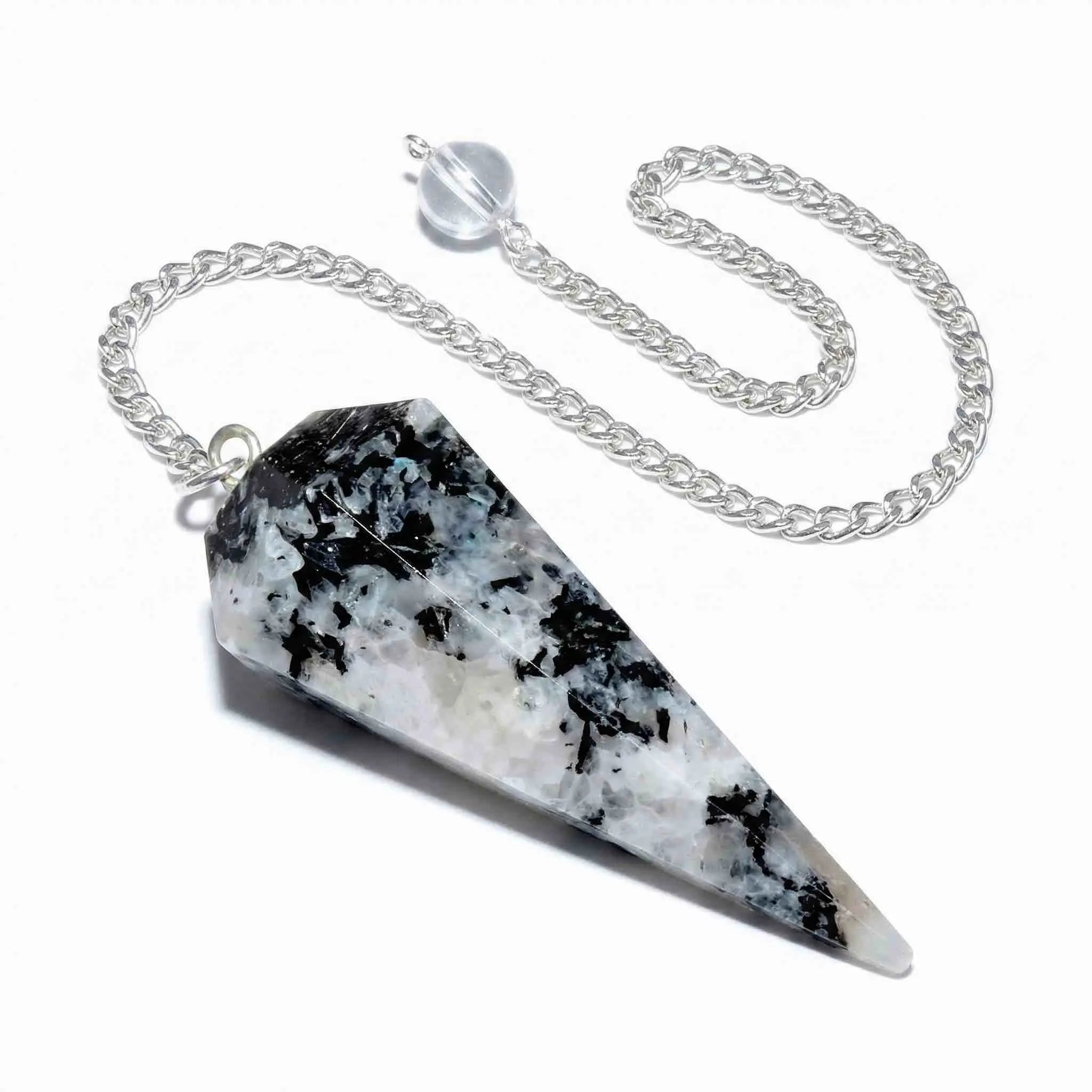 Rainbow Moonstone Pendulum 6-Sided Point — Crystal Divination Dowsing Tool