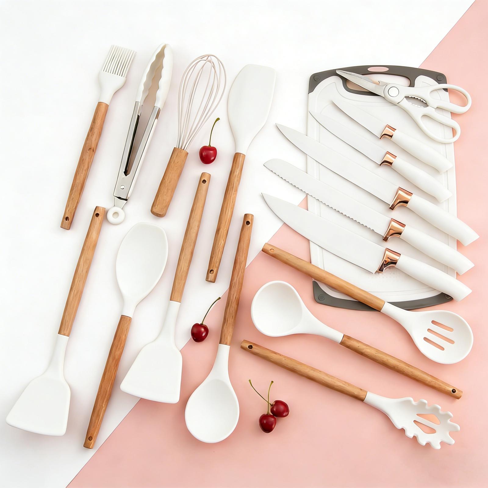 19-piece silicone kitchen utensil set, cooking tools with wooden handles, non-toxic, BPA-free, silicone spoon, rotating clamp, kitchen utensils, nonstick utensils with stand—an excellent choice for mothers, friends, or loved ones, kitchen soup ladle. 19-piece silicone kitchen utensil set, cooking tools with wooden handles, non-toxic, BPA-free, silicone spoon, rotating clamp, kitchen utensils, nonstick utensils with stand—an excellent choice for mothers, friends, or loved ones, kitchen soup ladle.