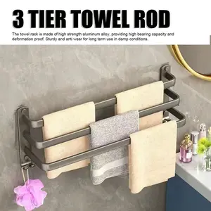 24/60Cm - Triple Towel Rack, Wall Mounted Bathroom Towel Rack, Bathroom Shelf, Grey