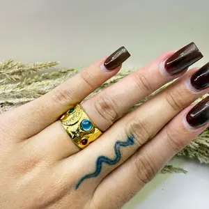 Moon and Star Ring with Turquoise and Ruby Accents for Women's Fashion Jewelry