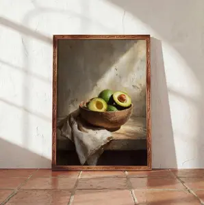 Avocado Still Life Wall Art Canvas | Mexican Kitchen Decor Print | Rustic Food Painting | Neutral Kitchen Wall Decor