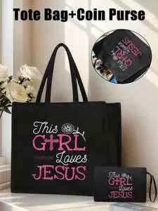 Large Capacity Tote Bag With Zipper Storage Pouch, Girl Loves God Print Handbag, Portable Shoulder Bag, Travel Beach Bag, Versatile Handbag, Multi Shopping Bag, Newly Designed Storage Bag, With Makeup Bag, Toiletry Bag, Wallet, Casual Organizer Clutch