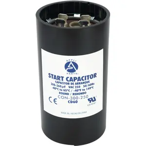 Appli Parts motor start capacitor 300-360 Mfd (microfarads) uF 250 VAC universal fit for electric motor applications 1-3/4 in Diameter 4-3/8 in Height CON-300-250