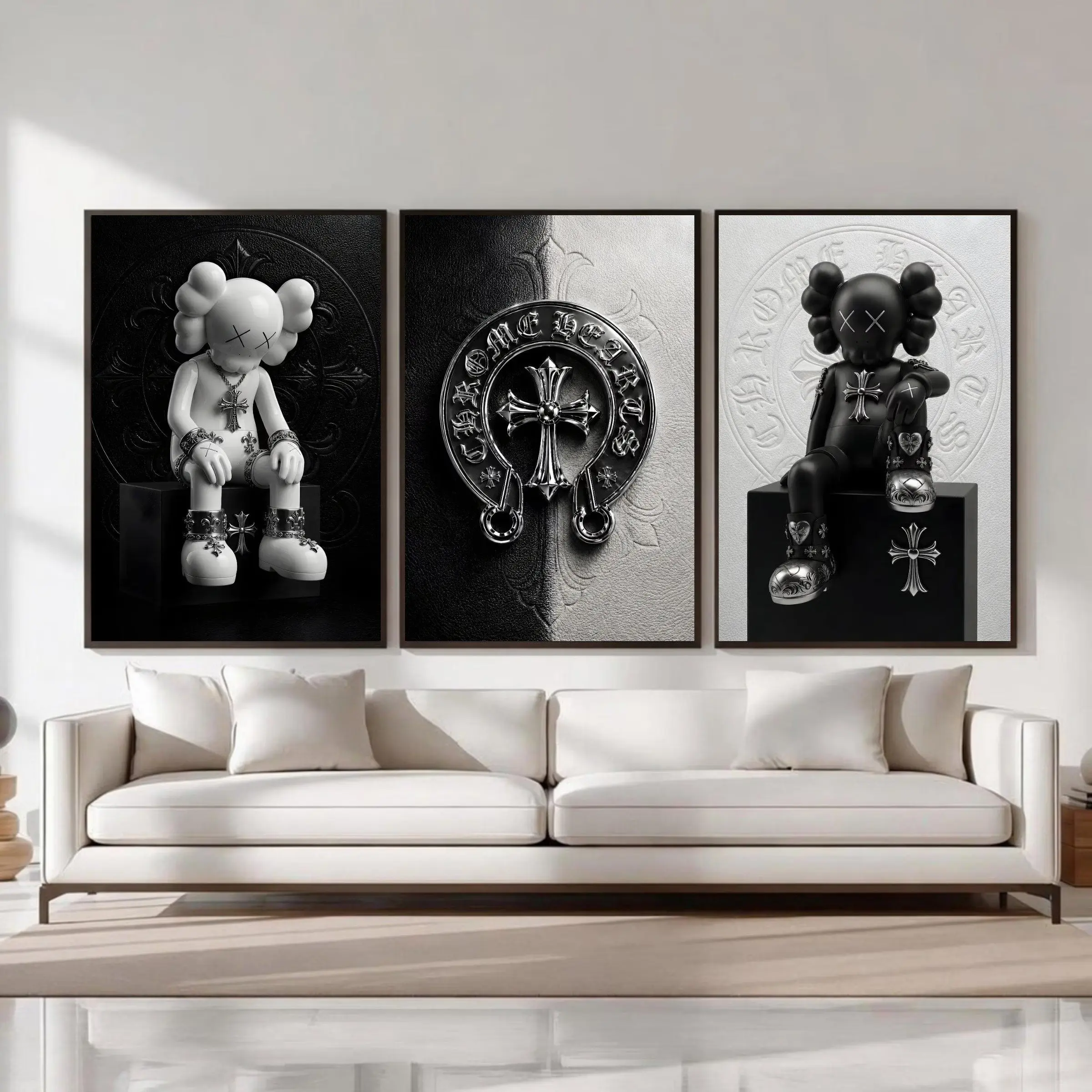 Chrome Hearts Kaws Poster Set of 3, Black White Hypebeast Decor Wall Art, Gothic Luxury Decor, Black White Chrome Hearts, Dark Fashion Decor