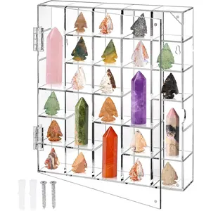 30 Grids Adjustable Acrylic Rock Display Case Wall Mounted or Desktop Organizer for Arrowhead Rock Crystal Gems Collectibles Ideal for Gifts