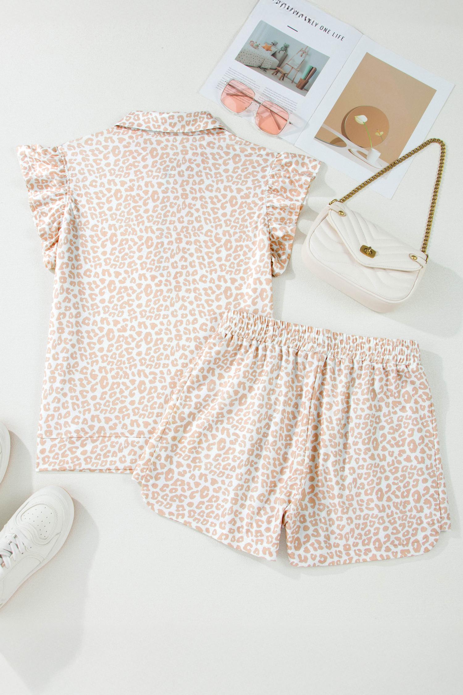 Women's Beige Leopard Zip Polo Top 2pcs Short Set, Casual Everyday Flowy Loungewear Sets for Women, Cute Preppy Ruffle Sleeve Two Piece Outfits, Chic Boho Summer Matching Suits, Athletic Aesthetic Pajamas Apparel