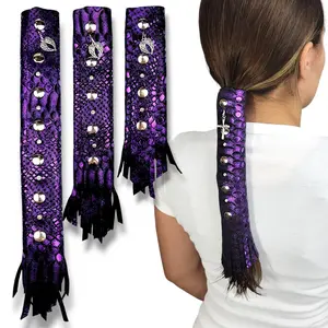PURPLE Glitter Leather Hair Wrap 6" inch to 22" inch - Handmade Ponytail Sleeve Long Hair Protector Saver | Colorful Bike Hair Tie Motorcycle Helmet Accessory Fringe & Crystals | Made in USA (8 inch)