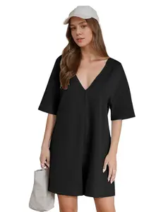 Women's Casual Jumpsuit Short Sleeve V Neck Loose Jumpsuit, Fashionable Jumpsuit with Pockets Black