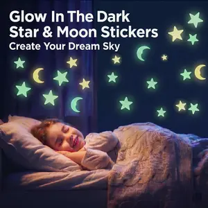 100 Pcs Glow in the Dark Star and Moon Stickers Removable Self Adhesive DIY Room Makeover Bedroom Ceiling Wall Decor Indoor Party Festival Aesthetic Decor for Teens