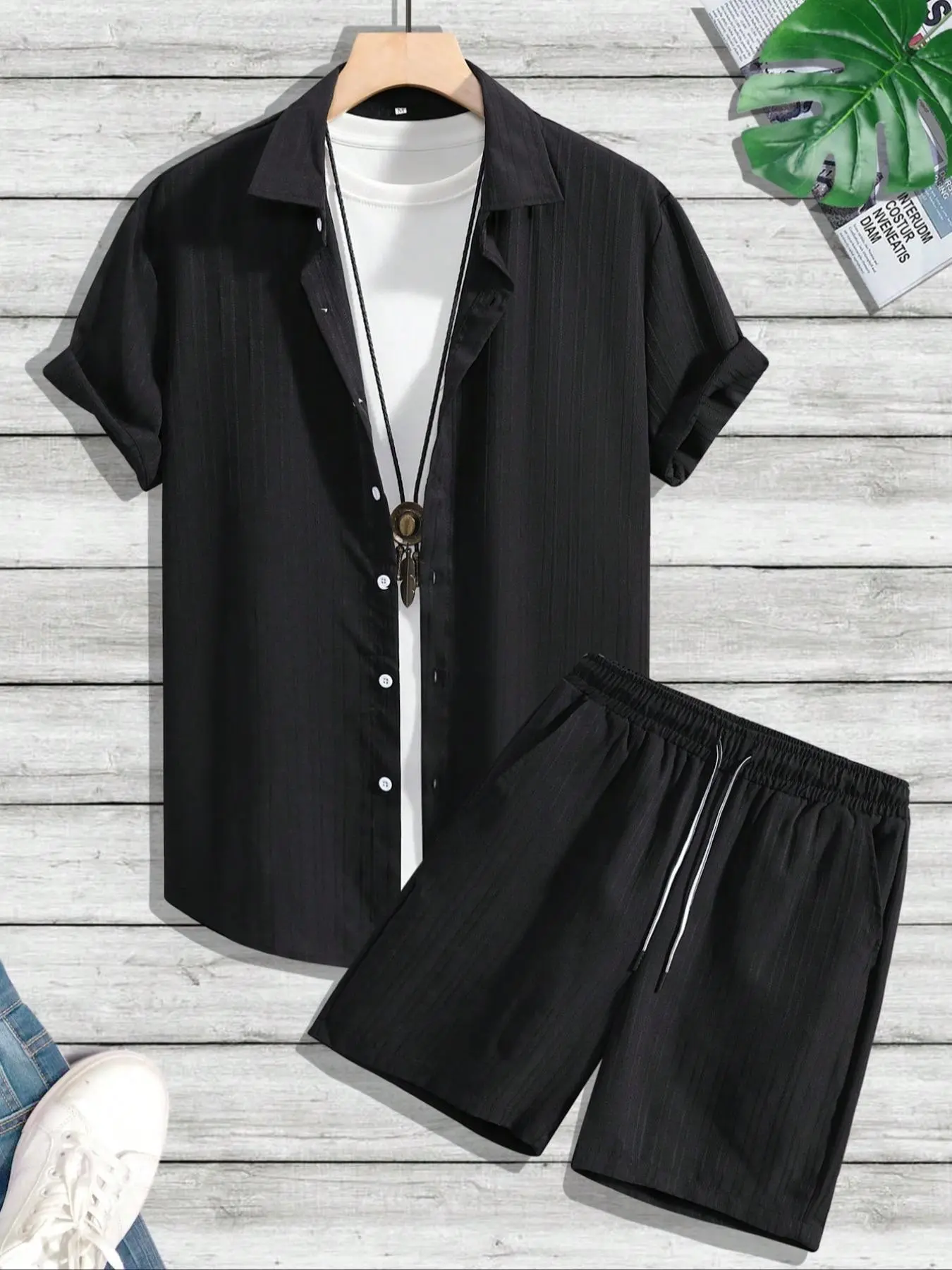 Two-Piece Set Men's Regular Fit Solid Textured Short Sleeve Shirt & Shorts, Casual Summer Set for Men, Mens Clothes for Beach Vacation