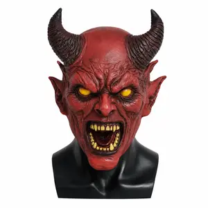 Red Demon Latex Full Head Mask Adult Horned Devil Horror Face Cover Halloween Cosplay Party Costume Haunted House Carnival Prop  ：