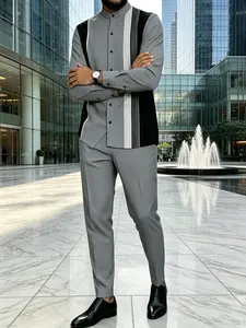 Men's 2-Piece Classic Striped Artistic Print Menswear Set - Stand-Collar Long-Sleeve Polyester Top, Comfortable Casual Pants, Breathable All-Season Fabric, Men's 2 Piece Sets Clothes men 2 piece sets
