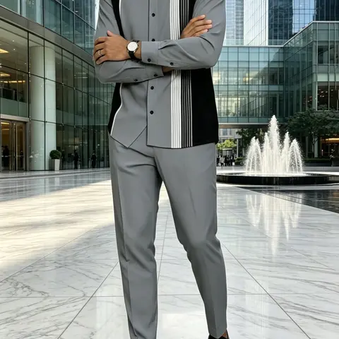 Men's 2-Piece Classic Striped Artistic Print Fitted Menswear Set - Stand-Collar Long Sleeve Polyester Blend Blouse/Shirt, Button-Accented Comfortable Casual Pants, Breathable All Seasons Fabric Clothes (Do Not Tumble Dry)