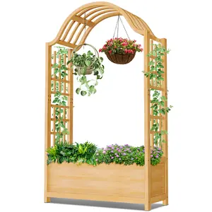Lilypelle 63" Raised Garden Bed, Wooden Planter Box w/Hanging Roof & Drainage Holes, Indoor Outdoor Elevated Planter for Vine, Climbing Plants, Flower
