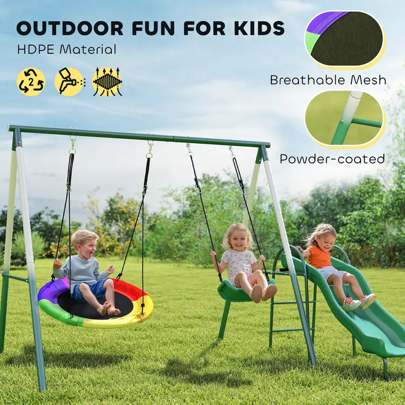 Outsunny 3-in-1 Heavy-Duty A-Frame Playground Equipment for 3-8 Years Kids, Outdoor Playset with 1 Saucer Swing+1 U-Shaped Swing+1 Toddler Slide, Adjustable Ropes, Safety Design for Backyard Endless Fun #Summervibe,familyfun
