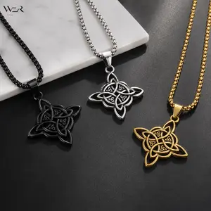 Triquetra Pendant Necklace - Gold, Silver, Black Tone, Classic Geometric Long Design with Motivational Text, Sparkling Elegant Bold Religious Female Costume Jewelry for Daily Wear Gift