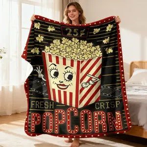 Retro Popcorn Print Throw Blanket, Vintage Movie Night Themed Cozy Blanket, Soft Fluffy Lightweight Blanket for All Seasons, Anti-Pilling Washable Decorative Blanket