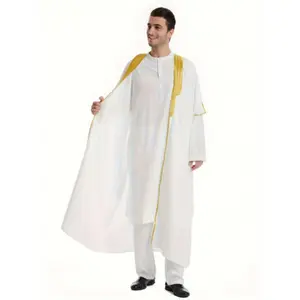 1pc Modest V-Neck Arabian Thobe, 100% Polyester Woven Loose Fit with Braided Detail, All-Season Striped Pattern, Suitable for Height 168–185 cm