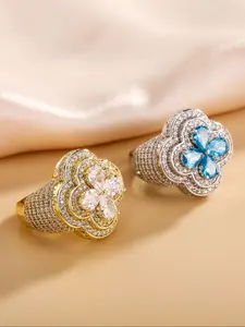 Fashion Charm 18k Gold-Color Plated Copper Zircon Flower Ring, Unisex Hip-Hop Jewelry, Perfect Gift for Him Her, All Seasons Wear