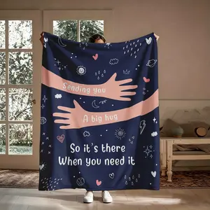 Thinking Of You Blanket Gift, Sending You A Big Hug Pink Arms Moon Stars Flannel Throw, Soft Cozy Warm Nap Blanket for Bedroom Living Room Couch, Sentimental Long Distance Gift for Her Him Friend, Christmas Birthday Holiday Present