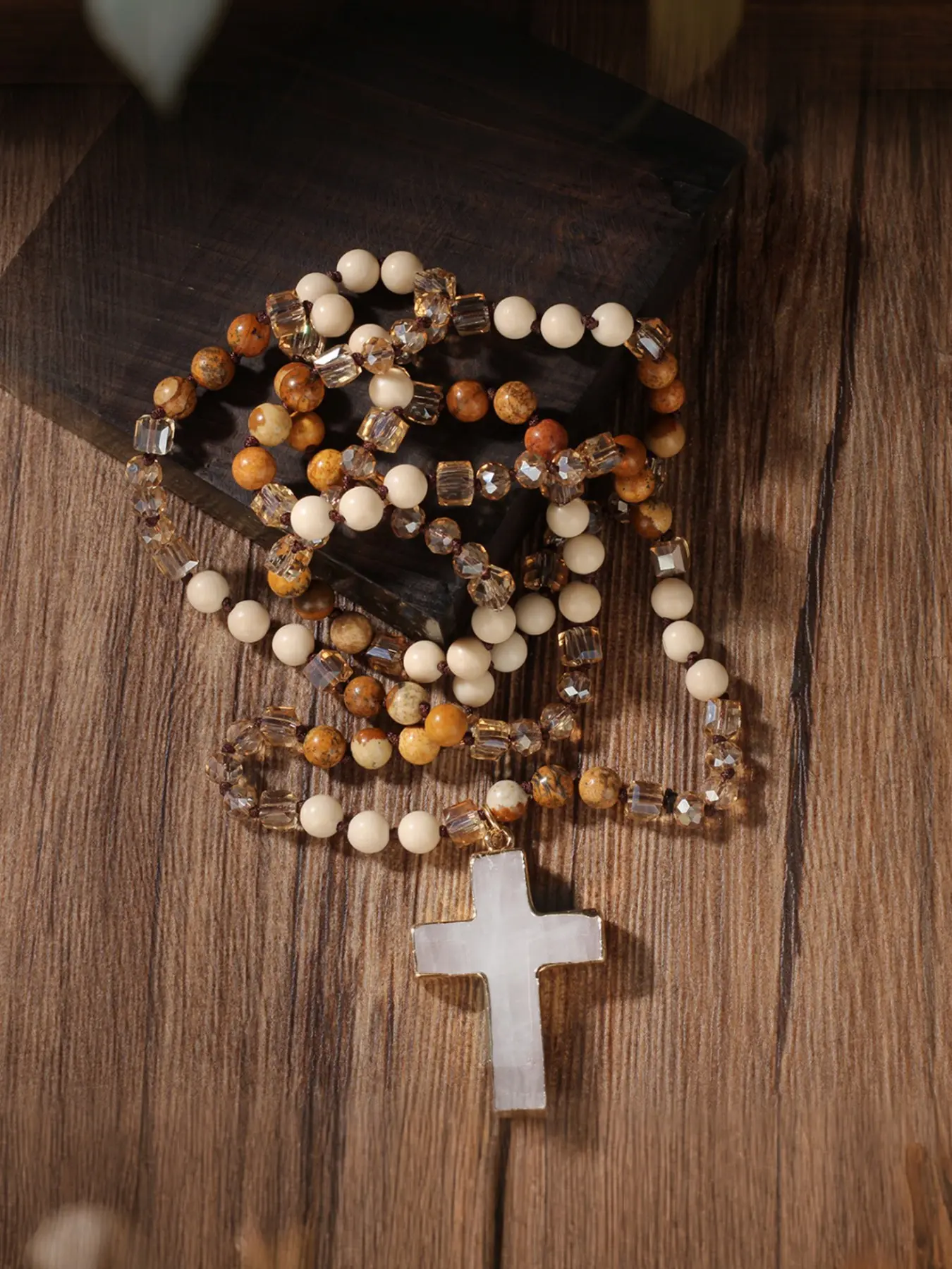 Natural Crystal Unique Crystals Tian Stone Fashion Accessory Necklace Long Sweater Chain Cross Pendant Jewelry, Purify Energy, Enhance Self-Acceptance, Healing Accessory Necklace Gift