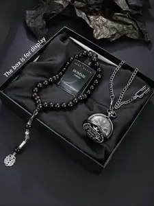 Gothic Style Watch Set, Vintage Flip-Top Pocket Watch, Agate Beads with Silver Color Pendant, Unique Gift for Men, Vintage Quartz Watch