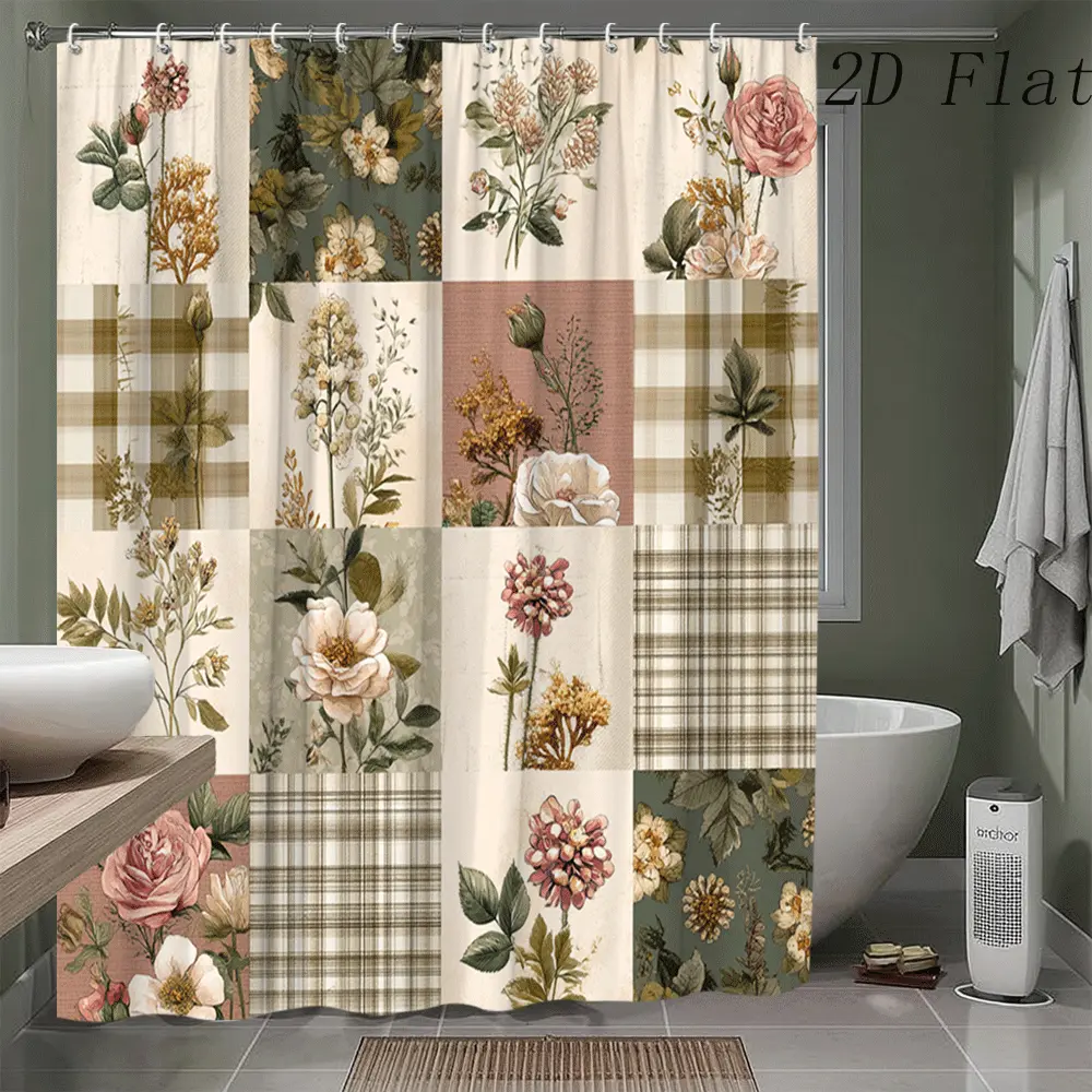 Retro Velvet Peach Flower Patch Shower Curtain - Waterproof Metal Hooked Bath Divider, Washable, 2D Flat Design, Ideal for Elegant Aesthetics Home Bathroom Supplies Gift, Water Proof