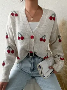 Women's V Neck Loose-Fit Sweater, Cute Floral Cherry Pattern Button Front Cardigan, Fall & Winter Moderate Fabric Knitted Top