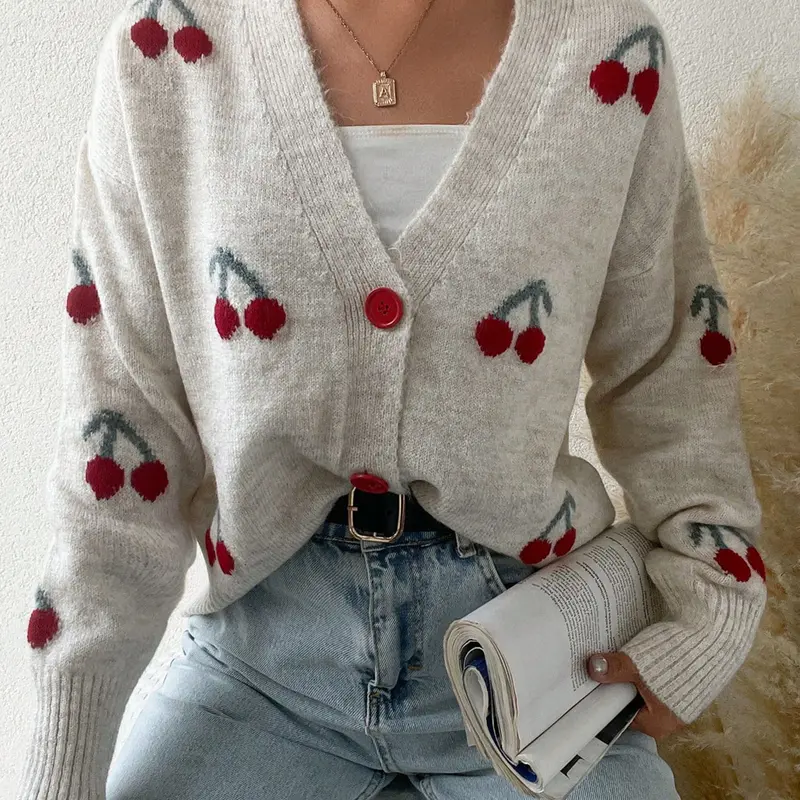 Women's V Neck Loose-Fit Long Sleeve Sweater, Cute Floral Cherry Pattern Button Front Cardigan, Fall & Winter Moderate Fabric Knitted Top, Cozy Knitwear, Casual Knit Tops, Knitwear Womenswear Casual Knitting Lady, Button Cardigans