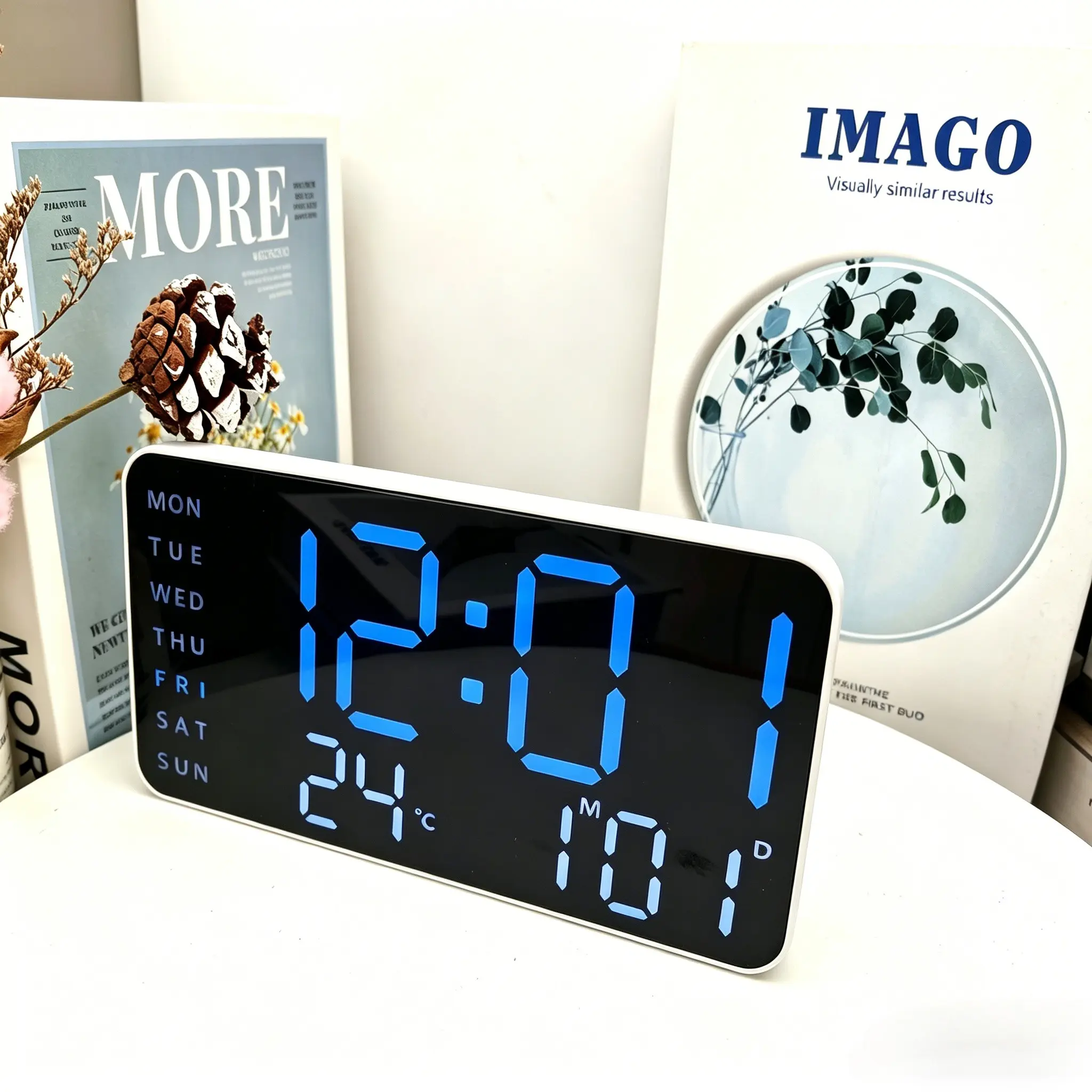 White Shell Color Large Digital Alarm Clock with Temperature for Bedroom, Temperature Date & Weekday Display, Adjustable Brightness & Volume, Desk or Wall Mountable, Modern Home & Office Clock, Digital Alarm Clocks for Bedrooms