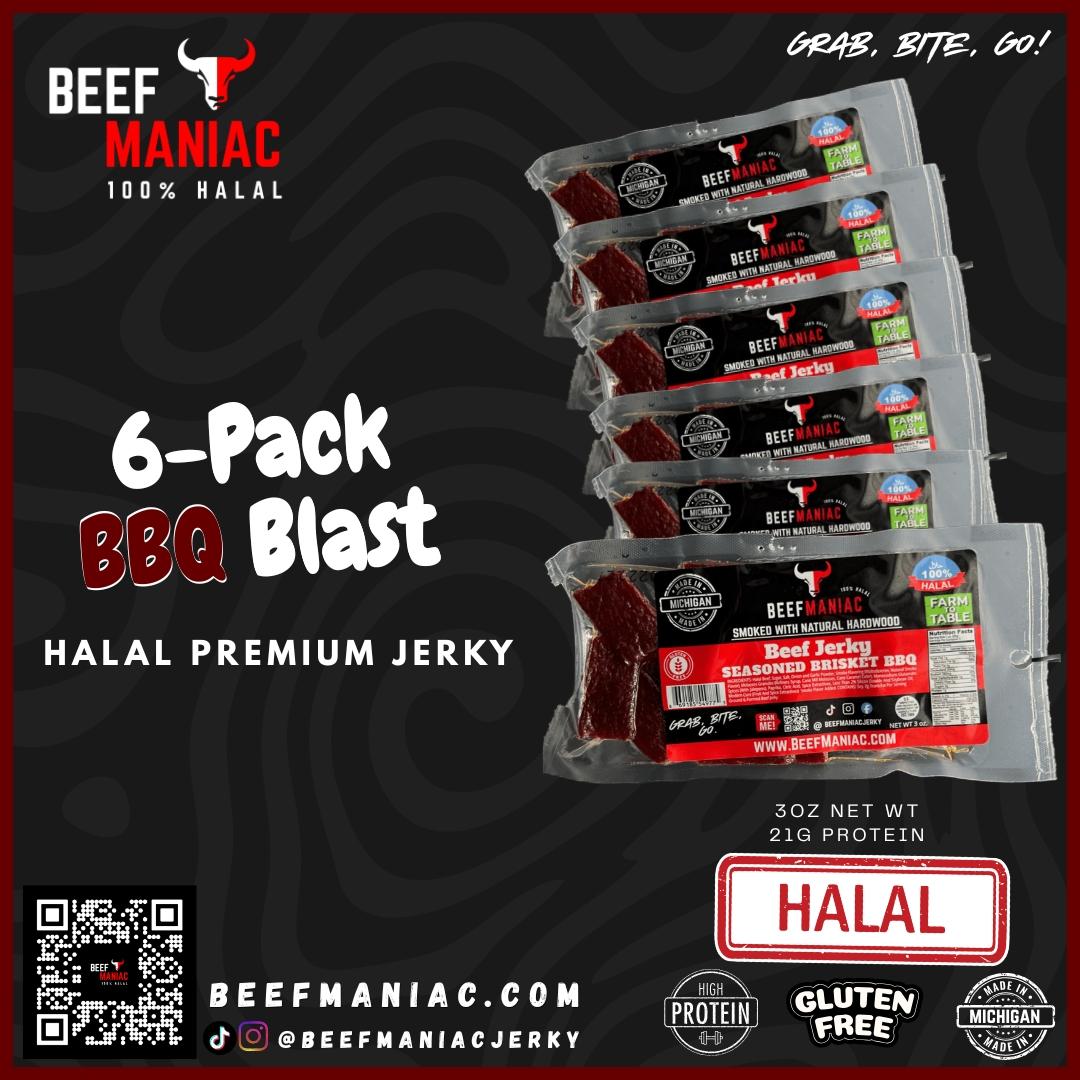 Halal Beef Jerky 6-Pack BBQ Blast by Beef Maniac | Natural Hardwood Smoked Premium Jerky Made in Michigan