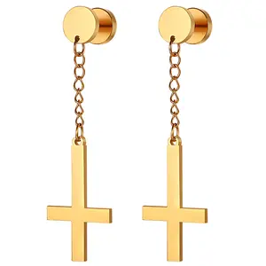OIDEA Cross-Shaped Stainless Steel Stud Drop Earrings - 1.97" Inverted Cross Pendant Dangle Stud Earring Jewelry