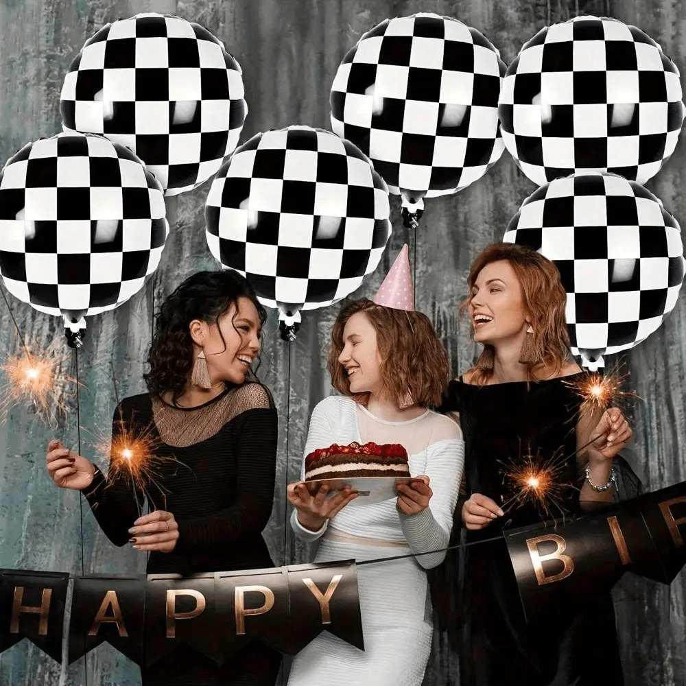 10pcs 18-in Round Aluminum Film Balloons, PE Material Black and White Grid Square-Accent Festive Party Supplies for Weddings, Birthday Parties