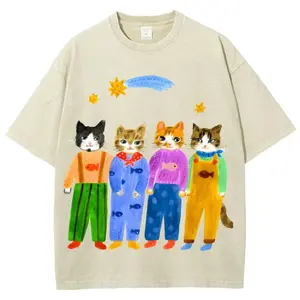 Cat in Sunny Day T-shirt, Unisex Casual Cotton Comfort Shirt, Vintage CrewNeck Acid Washed Oversized Drop Shoulder Heavyweight T-shirt, Baggy Workout Tops Short Sleeve Shirt