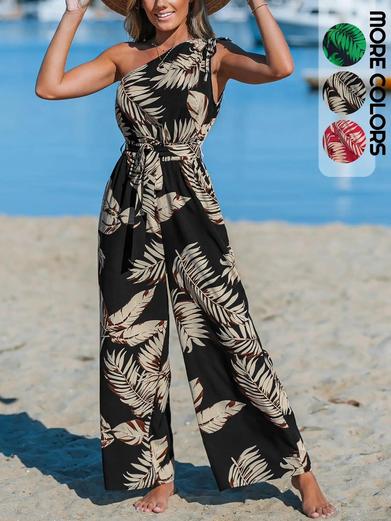 Women's Palm Tree Print Tropical Boho Bohemian Jumpsuit, Casual Sleeveless Jumpsuit for Beach Holiday Vacation, Ladies Clothes for Summer, Womenswear, Bohemian Overalls, Casual Comfy Overalls