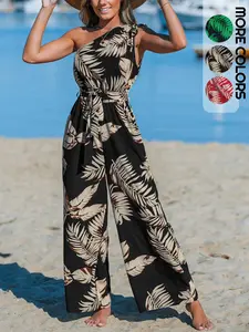 Women's Palm Tree Print Tropical Boho Bohemian Jumpsuit, Casual Sleeveless Jumpsuit for Beach Holiday Vacation, Ladies Clothes for Summer, Womenswear