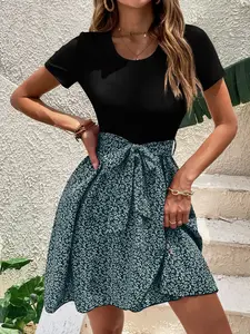 A women's fashionable and casual gentle style patchwork dress, T-shirt patchwork floral short skirt, commuting versatile casual skirt, suitable for all seasons, suitable for home, indoor, outdoor wear, Bohemian Style Dress