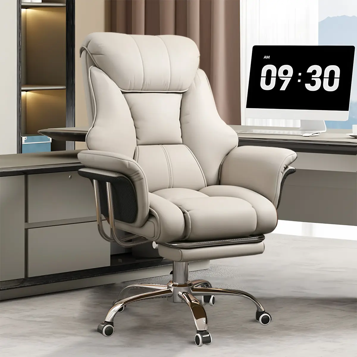 【Summer Sale】Heavy-Duty Oversized Leather Executive Office Chair, 550 lbs Weight Capacity, Extra-Wide with Retractable Footrest, Breathable Design with Airflow Channels, Ergonomic Compatibility, Adjustable Height