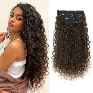 clip in hair extensions 4pc 100 pure protein silk long soft 20 inch curly extension for women dark almond brown with copper