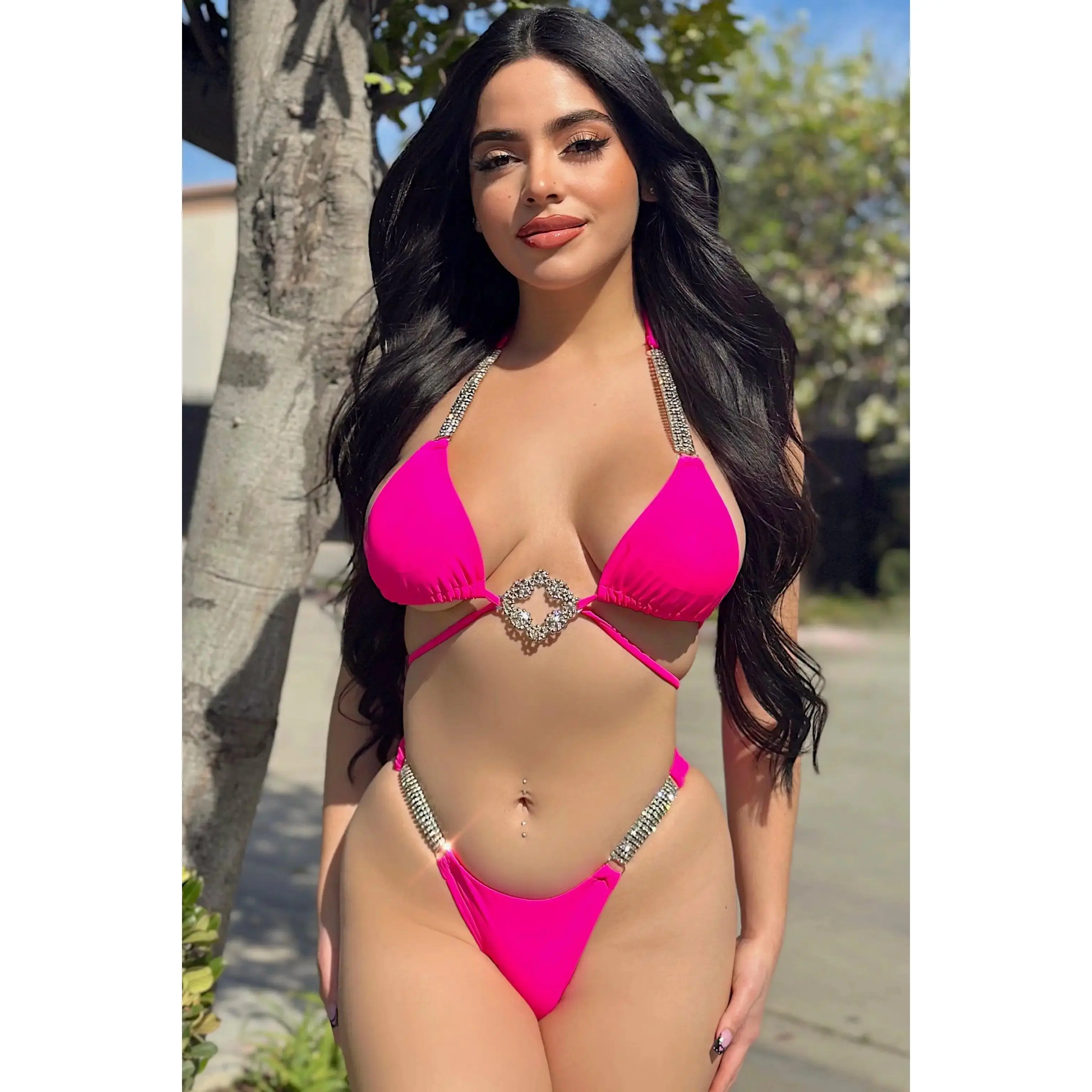 Fuchsia Rhinestone Accent Strappy Cheeky Two Piece Swimsuit