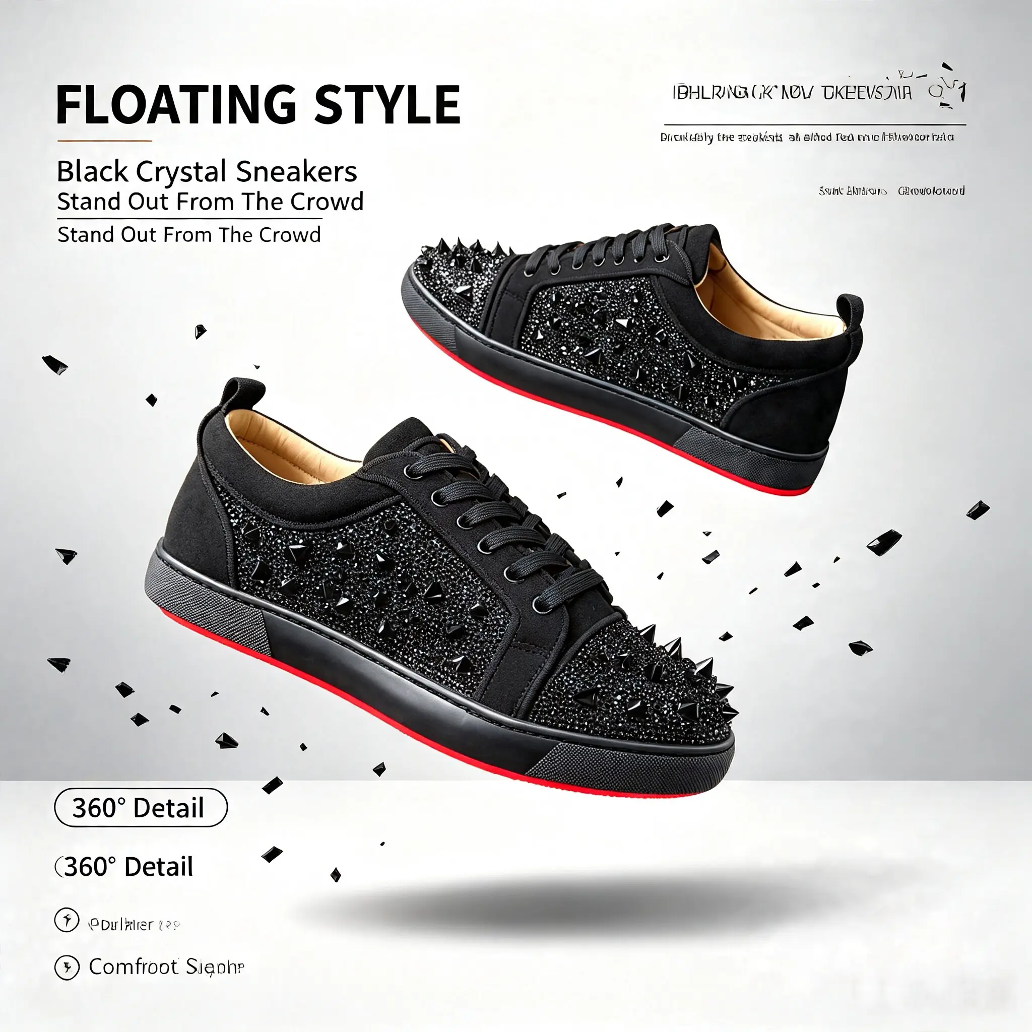 Full Black Shiny Rhinestone Spike Decor Men Casual Sneakers, Lightweight Red Sole Low Top Party Fashion Footwear