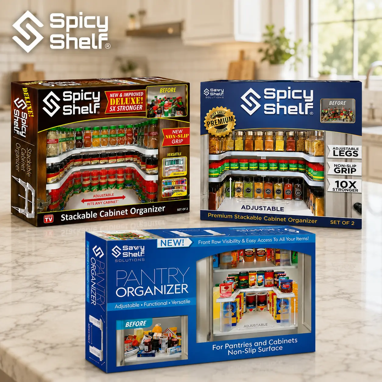 Spicy Shelf Premium + Spicy Shelf Deluxe  + Savvy Shelf Pantry Organizer