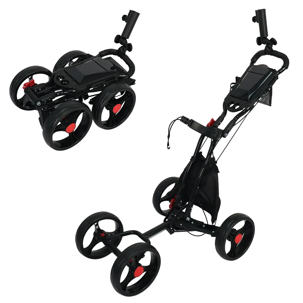Lightweight 4-Wheel Golf Push Cart with Storage Tray & Umbrella Holder