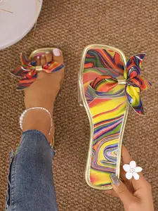 Women's Swirl Print Bow Clear PVC Square Toe Flat Mule Slides, Vibrant Y2K Summer Chic Style, Non-Slip Casual Sandals #SwirlPrintSlides, #Y2KSummerChic, #VibrantBeachShoes