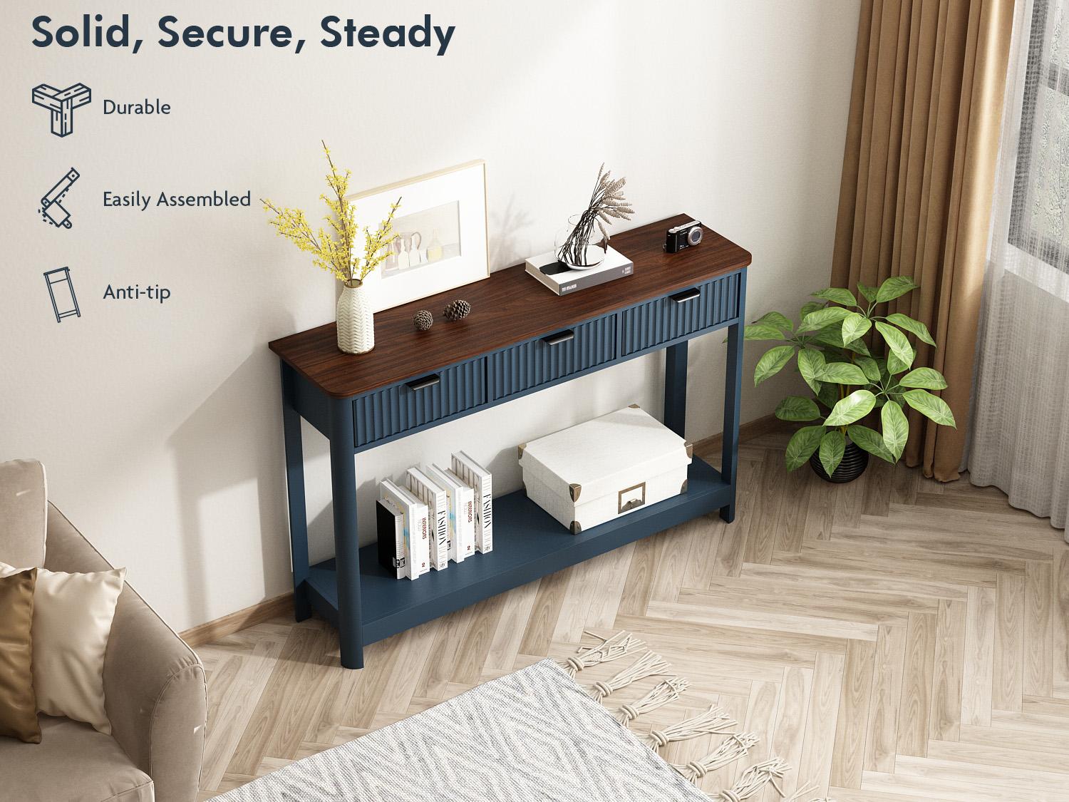 PieDle Furniture Fluted Console Table with Drawers, Modern 47.1" Entryway Table with Storage Shelf, Boho Narrow Skinny Behind Couch Wood Sofa Table for Living Room Hallway Entrance Foyer