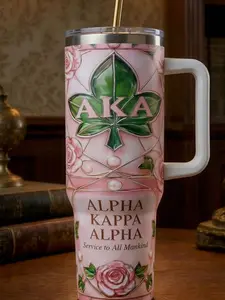 Alpha Kappa Alpha Tumbler with Handle – AKA Sorority Luxury Mug, Pink & Green Stainless Steel Cup, Perfect AKA Gift